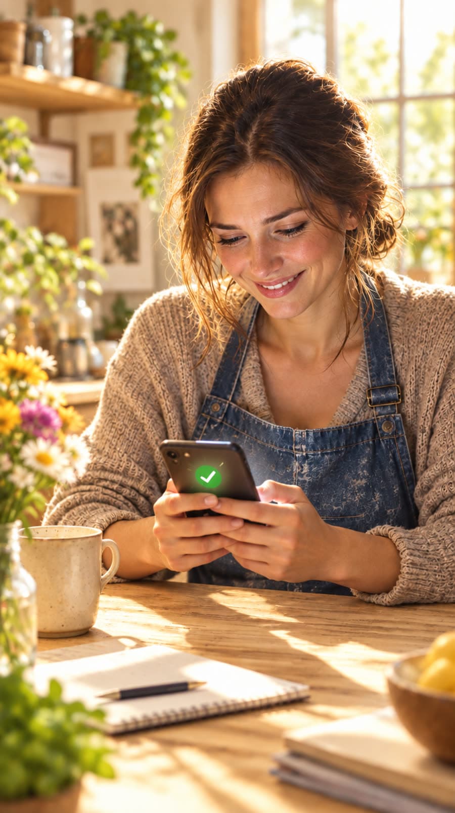 La même entrepreneure souriante, un paiement reçu sur son téléphone