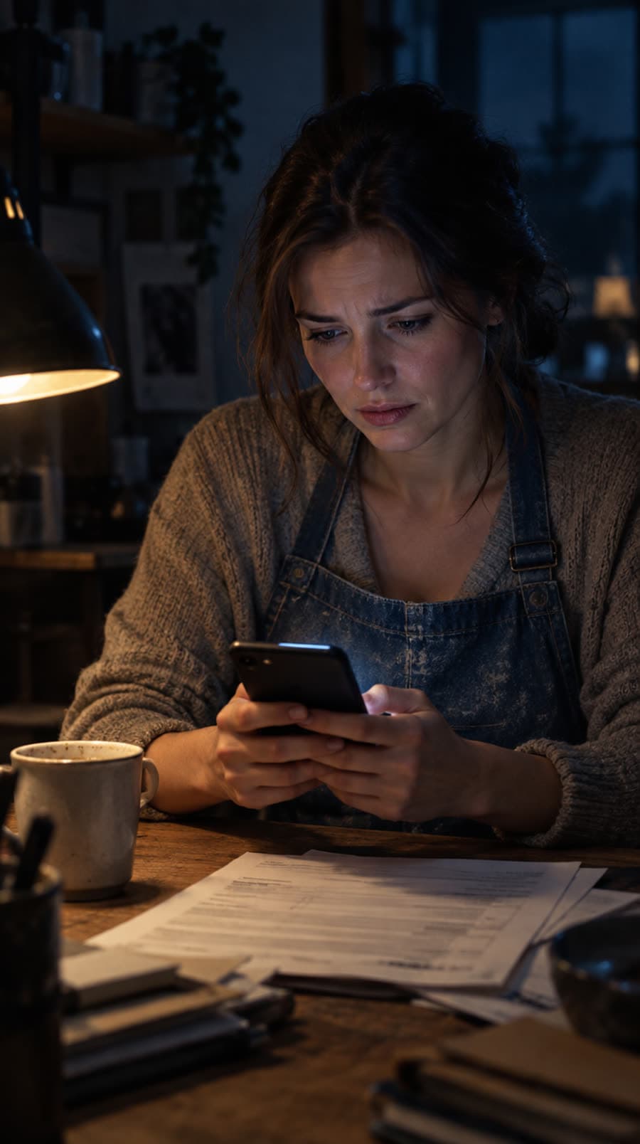 Une entrepreneure inquiète devant une facture impayée, tard le soir