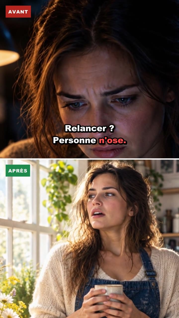 Avant : une entrepreneure inquiète devant une facture impayée. Après : elle sourit, un message est prêt.