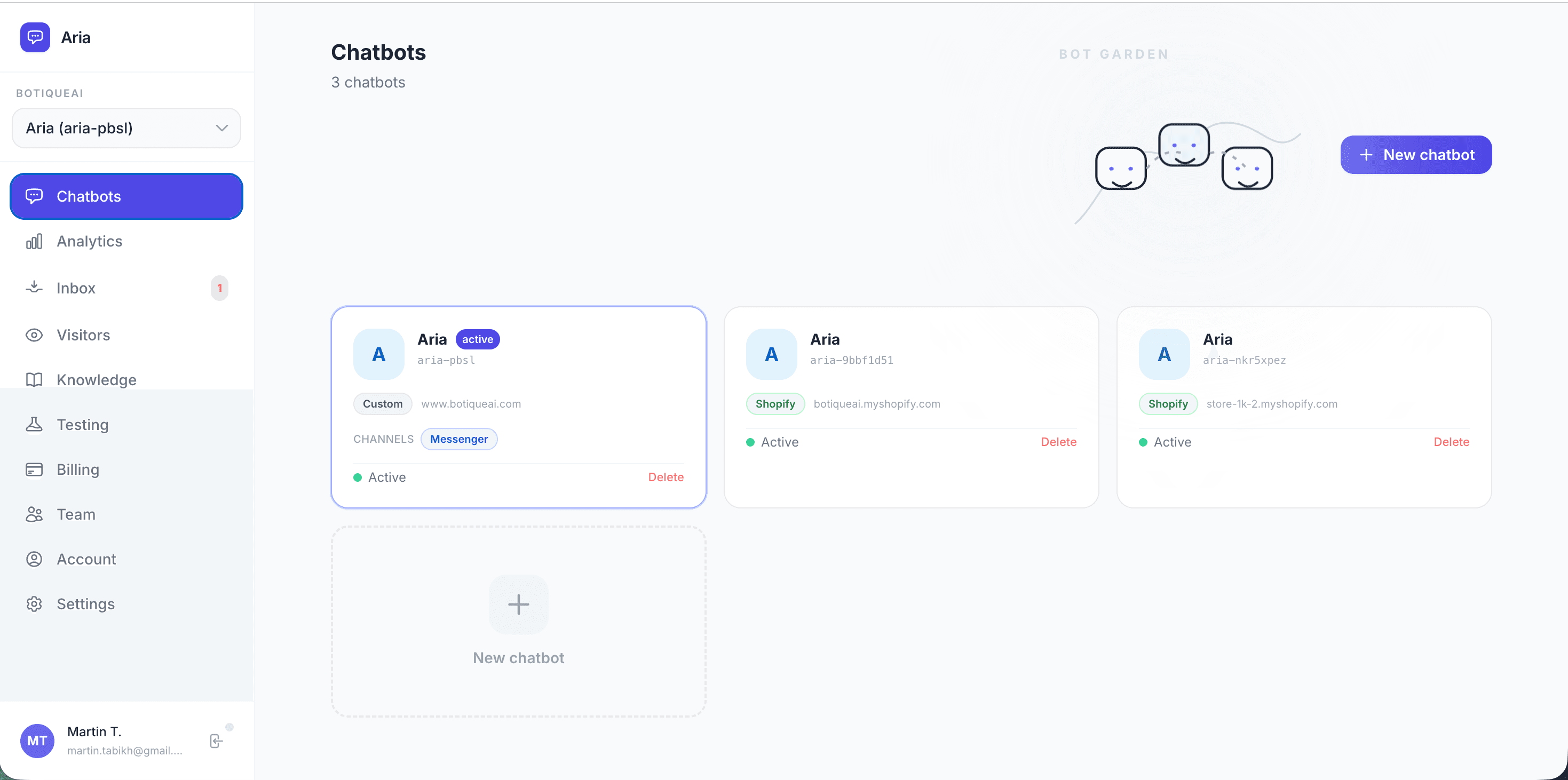 Screenshot of the Aria dashboard with multiple chatbots