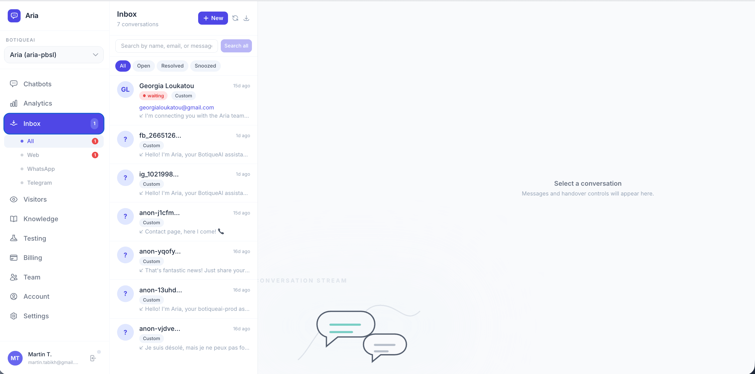 Aria inbox with customer conversations and filters