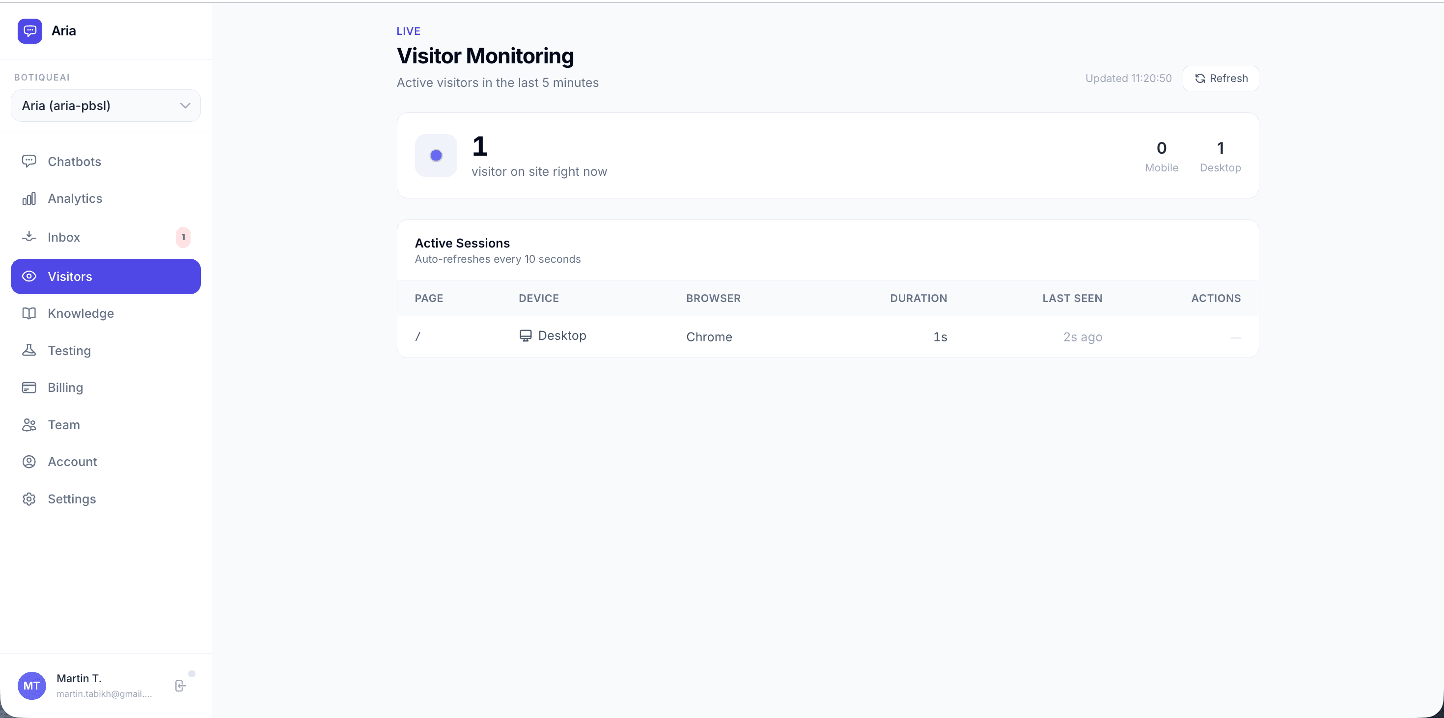 Active visitor monitoring in Aria